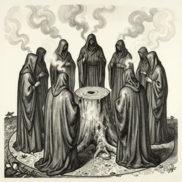a high detail intricate drawing of a stump surrounded by hooded figures smoke billowing from robes a circle cut into the ground surrounds them, a woodcut by harold mcneill, pixabay, modern european ink painting, woodcut, ultrafine detail