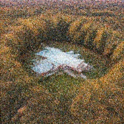 low drone shot of a ranch style School in the middle of the Woods during autumn