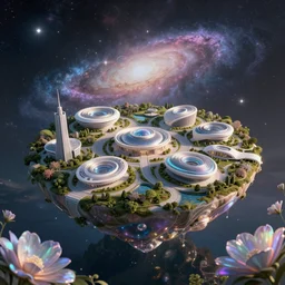 disc shaped land with modern architecture, land is floating on water, iridescent flowers with galaxy background, fantasy, surrealist