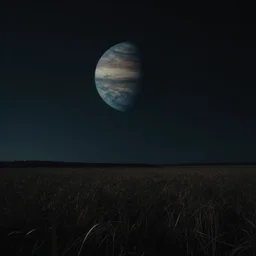 a photo of a darkened field with a planetary object hanging in the sky above, digital art, intense, dramatic lighting, emotional, music video