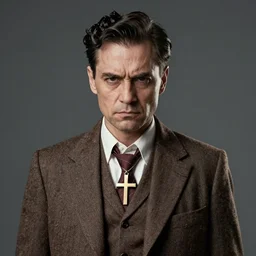 Professional portrait of a man in his 40s with a stern look dressed in a 1930s attire and with a cross around his neck. He seems mentally unstable. 4K, studio lighting.