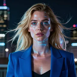 8 k hyper realistic close range night shot of blade runner 2 0 4 7 with adriana chechik!!!!!! as a hologram from a digital signage, transparent skin with imperfections, very small lips, blue suit. long blonde hair flowing in the wind. urban landscape in the background. lenses 5 0 mm