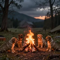 puppies building a campfire