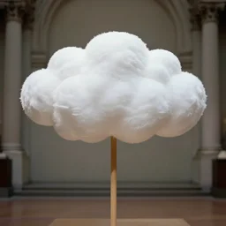 realistic photo of a sculpture model of white cloud, standing on a wooden stick, front view 1 9 9 0, life magazine reportage photo, metropolitan museum photo