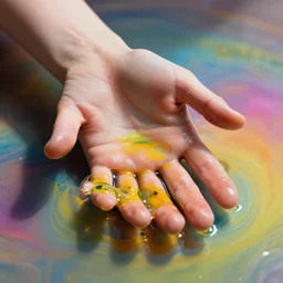 very beautiful hand submerged in colorful oils, realism, extreme detail, real life, soft light, volumetric light, 3 d shadows, james jean, photoshoot