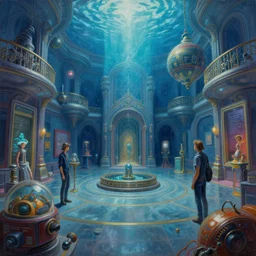 A painting by an artist from the universe, depicting a scene in the most beautiful museum of this universe, by Klaus Wittmann and David Bates, style of futuresynth, dieselpunk, underwater photography
