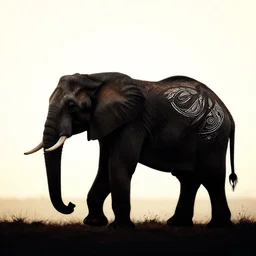 an elephant in the savannah, silhouette, black, tribal style
