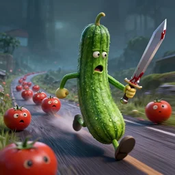 detailed 3 d render of a mad zucchini with a bloody sword in his hand, running down a winded road chasing after a group of scared tomatoes, hyper realistic octane render, dramatic lighting, high speed chase, wide angle, nightmare, surrealism, pixar, disney, cartoon
