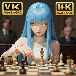 an anime girl playing chess, with gold eyes, straight hair, sky blue hair, long bangs, high collar, concept art, award winning photography, digital painting, cinematic, by wlop, anime key visual, wlop, 8 k, by ross tran, tom bagshaw, andy warhol