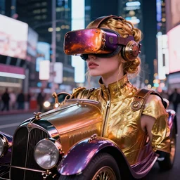 editorial fashion magazine photo of a steampunk golden young woman, wearing a glossy purple metallic and orange metallic shiny futuristic virtual reality headset reimagined like 1 9 3 6 bugatti type 5 7 sc, background times square at night
