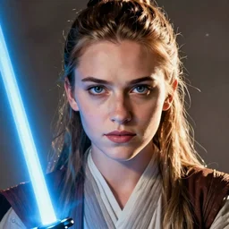 head and shoulders portrait of a female knight, jedi, robes, blue lightsaber, young scarlett johansson or young mary louise parker, star wars, by doug chiang, face detail, extremely detailed, digital illustration