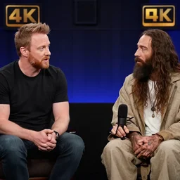 a picture of joe rogan, talking to elk jesus. still from the joe rogan experience podcast. 4 k, hd.
