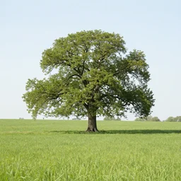 a lone oak tree in a grass field in spring. centered in frame. full composition. wide shot.