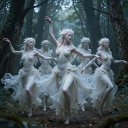 masterpiece ephemeral elven spirits dancing in the woods, composition by anastasiya dobrovolskaya, donato giancola, karol bak, tom bagshaw, face by artgerm and edmund leighton, background by james jean and noah bradley, majestic, volumetric lighting, porcelain skin, photorealistic, intricate, trending on artstation, 8 k