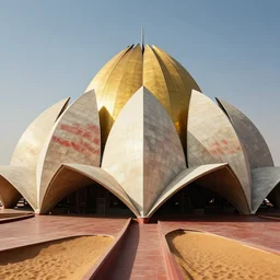 futuristic lotus temple with gold, red and white marble panels, in strong sunshine in the desert, by buckminster fuller and syd mead, intricate contemporary architecture, photo journalism, photography, cinematic, national geographic photoshoot