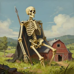 a painting of a giant skeleton on a farm leaning against a barn with a spear through its rib cage, concept art by ismail inceoglu, trending on artstation, environmental art, apocalypse art, 2 d game art, concept art. detailed. masterpiece