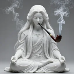 highly detailed figure of a person with long white hair made of smoke coming out from a smoking pipe, meditation, photorealistic, intricate, elegant.