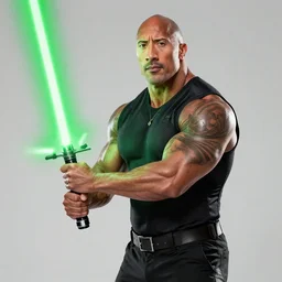 Dwayne Johnson wielding a green lightsaber