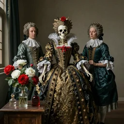 a skeleton Queen, two chambermaids behind, red and white flowers, perfume, baroque, Dutch masters