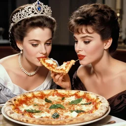 a historical photo of young beautiful queen margherita of italy wearing an intricate detailed tiara and pearl necklace. she is eating a pizza margherita together with a young and beautiful sophia loren. the pizza has a large cornicione, smooth lighting, masterpiece, timeless, genious composition
