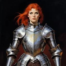 portrait of strong female knight warden, beautiful! coherent! by frank frazetta, by brom, strong line, deep color, ornamental metal armor, maximalist