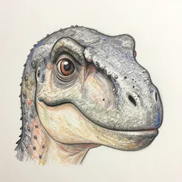 happy and cute face of dilophosaurus, face only, smile, pencil drawing, pastel, by marc simonetti