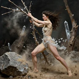 highly detailed photography of a strong women fighting with branches, crystals, dust particles, big rocks, sharp focus, dramatic scene, aesthetic, dynamic lighting, elegant, harmony, masterpiece, by jenny saville, by ben aronson, by james jean, by roberto ferri, by jeremy mann, by lucian freud, by kent williams, high quality