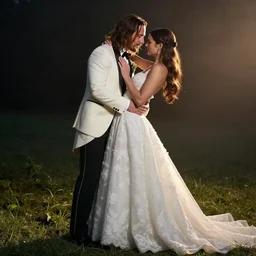 wedding photo of jared leto dressed in a white tuxedo marrying a female version of himself dressed in a white wedding dress