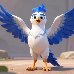 a female white and blue robotic griffin, CGI, in the style of Pixar