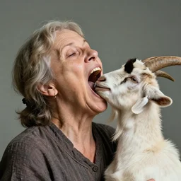 a bizarre image of an old woman opening her mouth extremely wide and impossibly swallowing a whole goat