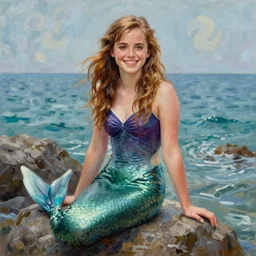 painting of emma watson as a mermaid, smiling, sea, rocks, full body one piece swimsuit, beautiful, greg rutkowski, artstation, highly detailed