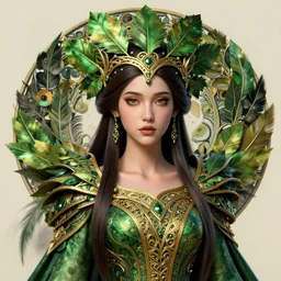 a beautiful girl celtic queen in intricate detailed color green and gold costume, 3 d render, hyper realistic detailed portrait, big flocking color leaves, ornate leaves headpiece, elegant, intense colors and ink pen, ruan jia, by moebius, fantasy, hyper detailed, octane render, concept art, by peter mohrbacher, by alphonse mucha, by henri rousseau,