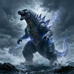 a massive kaiju monster emerging from a stormy ocean, digital matte painting, cinematic, lightning, energy