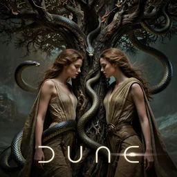 a close up of Adam and Eve in Dune with the tree of life, the snake is surrounding them, beautiful dramatic moody lighting, cinematic atmosphere, high detail, 8k, ornate, dark fantasy, masterpiece, complex, film still from the movie directed by Denis Villeneuve with art direction by Zdzislaw Beksiński, Dan Mumford, Patiphan Sottiwilaiphong, Yintion J - Jiang Geping