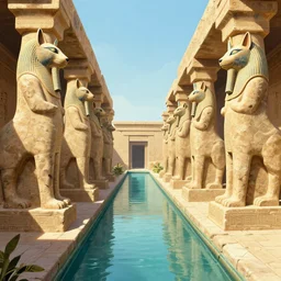a beautiful concept Art of an ancient Egyptian canal guarded by massive limestone statues of anthropomorphic Feline Gods by Karl Thiart | establishing shot| graphic novel, illustration:.2