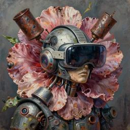 junky flower, cybertronic gadgets and vr helmet, durty colours, rotten textures, rusty shapes, biotechnology, norman rockwell, tim hildebrandt, dariusz zawadzki, bruce pennington, larry elmore, hyperrealistic oil painting on canvas, deep depth field, masterpiece, cinematic composition, hyper - detailed