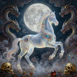 concept art of translucent glowing horse dancing, big booty, flowy, melting, round moon, swirly clouds, very detailed, volumetric light, mist, fine art, textured oil over canvas, dragons, epic fantasy art, very colorful, ornate intricate scales, gold skulls, fractal gems, 8 k, hyper realistic, high contrast