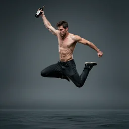 an epic portrait of a man jumping in the while holding a bottle with a badass pose in the air, highly detailed, high quality, 8k HDR, path tracing, epic image, realistic face, hyperrealistic, badass pose, digital art, anatomically correct, dramatic lighting, studio quality, profile photo