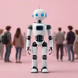 a community manager robot. with people in the background. subject in shot pop surrealism muted colors. pink background. by jean - baptiste monge, wide shot, depth of field