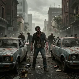 Zombie apocalypse, city, zombies in the streets, abandoned vehicles, Octane Render