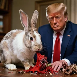 the rabbit from donnie darko feasting on zombie donald trump. professional photography