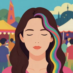 a colorful vibrant closeup portrait of a simple women at a festival with long dark brown hair with a calm aesthetic face and dreaming psychedelic hair, by kawase hasui, moebius, edward hopper and james gilleard, zdzislaw beksinski, steven outram colorful flat surreal design, hd, 8 k, artstation