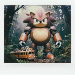 epic pose!!! giant oversized battle hedgehog figure cyborg hedgehog robot chubby mech train! double decker with hedgehog babies, in deep forest jungle, portrait, cinematic focus, polaroid photo, vintage, neutral dull colors, soft lights, foggy mist, by oleg oprisco, by thomas peschak, by victor enrich, by gregory crewdson