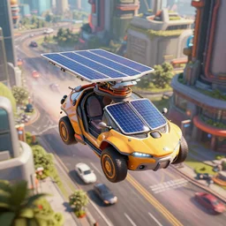 solarpunk vehicle flying through solar punk city streets