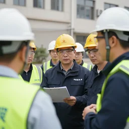 workshop safety committee inspection, official photo, realistic, wearing hard hats, wearing safety glasses, 4k