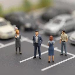 miniature sculpted people in a parking lot,