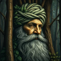 stunning forest camouflage art like a the trees make the face of a wise old man in a turban with a long beard dreamy surrealism, masterpiece, golden mean, award winning by bev doolittle
