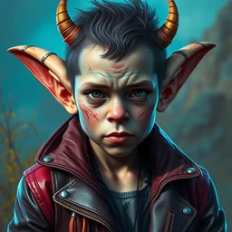 young boy as an apocalyptic scifi orcish goblin biker character, professional photo, psychedelic vibrant colors, futuristic punk rock fashion, highly detailed oil painting by michael whelan art, perfect face, sharp focus, detailed eyes, realistic, leather jacket, 8 k, dynamic lighting, artstation, unreal engine 5, michael whelan