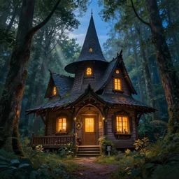 hyper realistic witch cottage with mood lighting and technology in the woods gorgeous lighting, sunbeams blue sky, highly detailed, lush forest foliage painting by zdzisław beksinski and norman rockwell and greg rutkowski weta studio, and lucasfilm