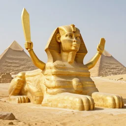 golden sphinx with 2 arms as a giant blade in the desert, surrounded by giant pyramids, full body concept, ornamented rusty golden wings on the back, sphinx concept, beksinski, ruan jia, warhammer tomb king